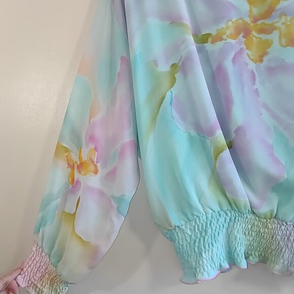 Yolanda Lorente Hand Painted Pastel Floral Silk Blouse Flowy Chiffon Small - Picture 5 of 13
